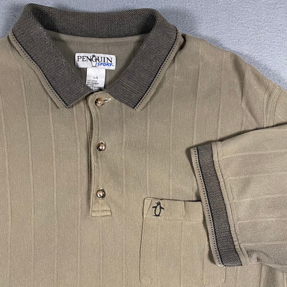 Penguin Sport Polo Shirt Mens Large Tan Good Textured Stripe Short Sleeve Pocket